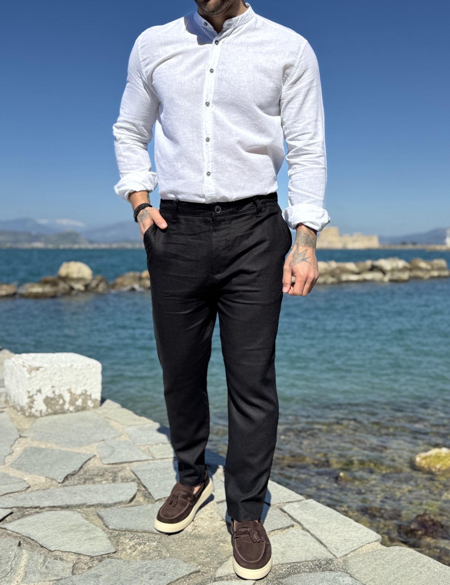 Ανδρικό μαύρο λινό υφασμάτινο παντελόνι με λάστιχο στην μέση JR0022M φωτογραφία